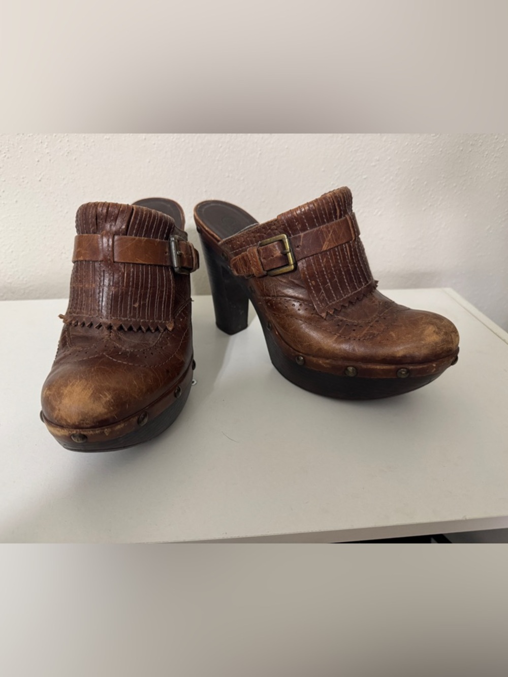 Brown Leather Fringe Clog Heels - Women's